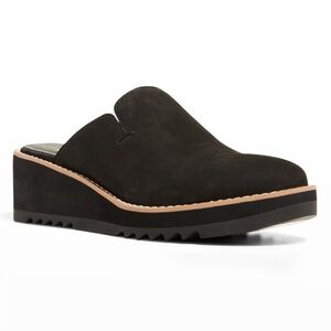 Eileen Fisher Black Tumbled Leather LOTI Low Wedge Mules Clogs Shoes NWOB Sz 9.5